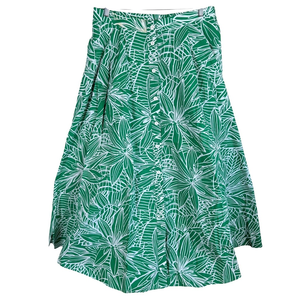 Tabitha Brown Skirt Womens L Green Floral Button Front Midi Tropical A-Line